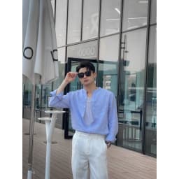 Thumbnail DODEP Áo sơmi nam 100% linen premium tay dài cổ trụ màu xanh biển 3