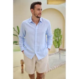 Thumbnail DODEP Áo sơmi nam 100% linen premium tay dài màu xanh da trời 2
