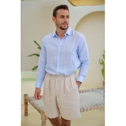 Thumbnail DODEP Áo sơmi nam 100% linen premium tay dài màu xanh da trời 3