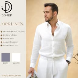 Thumbnail DODEP Áo sơmi nam 100% linen premium cổ button-downed tay dài màu xám, trắng 1