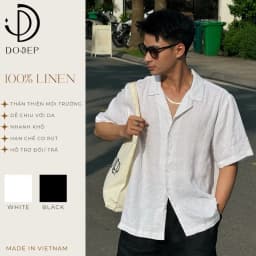 Thumbnail DODEP Áo sơmi nam cổ cuban 100% linen premium tay ngắn màu trắng, đen 1