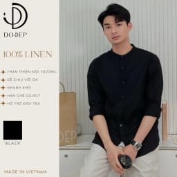 Thumbnail DODEP Áo sơmi nam cổ trụ 100% linen premium tay dài màu đen 1