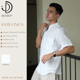 Thumbnail DODEP Áo sơmi nam cổ trụ 100% linen premium tay ngắn 1