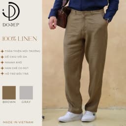 Thumbnail DODEP Quần dài nam 100% linen premium màu Nâu Olive, Xám nhạt 1