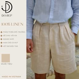 Thumbnail DODEP Quần shorts đùi nam 100% linen premium xếp ly màu be 1