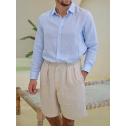 Thumbnail DODEP Quần shorts đùi nam 100% linen premium xếp ly màu be 3