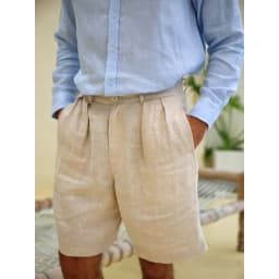 Thumbnail DODEP Quần shorts đùi nam 100% linen premium xếp ly màu be 4