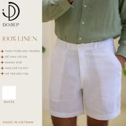 Thumbnail DODEP Quần shorts đùi nam 100% linen premium màu trắng 1