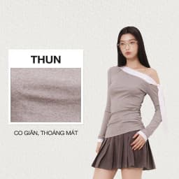 Thumbnail DOTTIE - Áo lệch vai phối bản đô - Xám - T1069 1