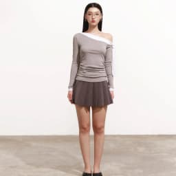 Thumbnail DOTTIE - Áo lệch vai phối bản đô - Xám - T1069 3