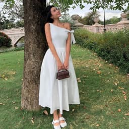 Thumbnail DOTTIE - Đầm midi lệch vai phối vải poplin - Trắng - D0679 3