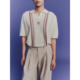 Thumbnail DVRK - Áo Polo Dệt Kim Pointelle Màu Kem Sọc Nâu- DVRK-24F 4