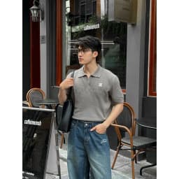 Thumbnail DVRK - Áo Polo Dệt Kim Unisex Phối Họa Tiết Pointelle Màu Xám -DVRK-24SS 4