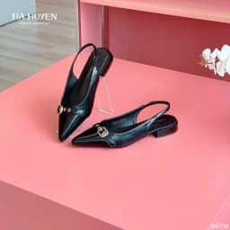 Thumbnail Giày búp bê nữ, giày bệt HÀ HUYỀN da lì mũi nhọn đai ngang cài khóa quai hậu 2cm - BB718 2