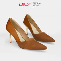 Thumbnail Giày cao gót nữ DILY phối da thời thượng, giày bít mũi gót nhọn ánh vàng cao 8cm AA0481 2