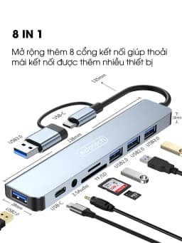 Thumbnail Hub type C USB 3.0 mở rộng 8 port SIDOTECH UT8D cáp cổng chuyển đổi 2 đầu in 1 có 3.5 thẻ SD/TF máy tính laptop máy in 3