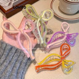 Thumbnail Kẹp tóc Lovito màu trơn nơ ghép nối màu sắc phong cách thường ngày cho nữ LFA30377 4