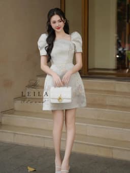 Thumbnail LEILA CLOSET | Đầm gấm thiết kế Helen tay phồng cổ yếm 3