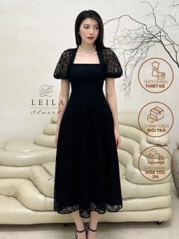 Thumbnail LEILA CLOSET | Đầm thiết kế Dalia đen dáng cổ vuông tay phồng xẻ tà trước 2
