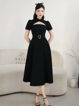 Thumbnail LEILA CLOSET | Đầm thiết kế Sanee đen cổ Đức khoét ngực, tùng xoè dài có túi, dây belt tôn dáng 3