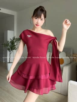 Thumbnail Lucie Dress Wonderhouse Đầm xéo vai cột nơ dáng xòe chất vải dày vừa phải dự tiệc, dạo phố sang trọng 2