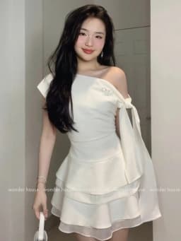 Thumbnail Lucie Dress Wonderhouse Đầm xéo vai cột nơ dáng xòe chất vải dày vừa phải dự tiệc, dạo phố sang trọng 4
