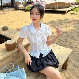 Thumbnail LYRA - Áo sơ mi ngắn tay thiết kế, Áo kiểu nữ cổ nơ viền ren chất thô boi trẻ trung kiểu Hàn - LWNAO021 1