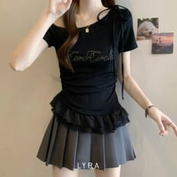 Thumbnail LYRA - Áo thun nữ cách điệu dây nơ, áo lệch vai phối viền ren bèo Zero Circle tiểu thư nhẹ nhàng sang chảnh - CSYAC0297 1