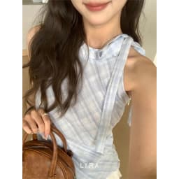 Thumbnail LYRA - Áo Yếm Kẻ Cách Điệu Dây Nơ Viền Ren Nhún Eo Phong Cách Tiểu Thư Hàn Quốc - CSYAC0290 1