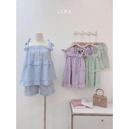 Thumbnail LYRA - Bộ đồ ngủ hè 2 dây thắt nơ dáng babydoll, set đũi pijama họa tiết caro freesize thoải mái thoáng mát - LWNSE011 2