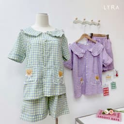 Thumbnail LYRA - Bộ đồ ngủ nữ ngắn tay kẻ caro cổ sen túi gấu, Set đũi hè pijama nhiều màu thoáng mát mặc ở nhà - LWNSE015 1