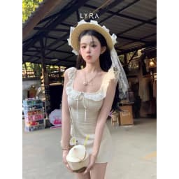 Thumbnail LYRA - Váy cổ vuông nơ ngực dáng ngắn tay nhún bèo hoa laser - CSYVD0143 1
