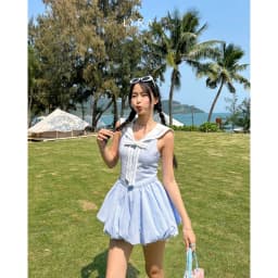 Thumbnail LYRA - Váy kẻ thủy thủ dáng bí ngắn chiết eo phối nơ nắng động - LWNVD043 1