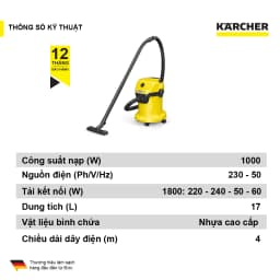Thumbnail Máy hút bụi đa năng khô và ướt Karcher WD 3 V Car - Công suất 1000W - Dùng cho gia đình và ô tô 3