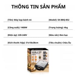 Thumbnail Máy kẹp bánh mì công suất cao 1400W LOẠI KHAY TO SOKANY BBQ-852 nướng nhanh chín, chống dính tốt 1