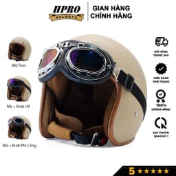Thumbnail Mũ bảo hiểm 3/4 đầu Sundy Helmets, màu kem sữa mờ, sang trọng, tinh tế, Freesize (54-58cm) kèm kính UV, phi công 1