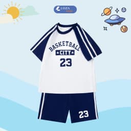 Thumbnail Đồ bộ bé gái, bé trai phối viền in Basketball City 23 - Quần áo cho bé chất liệu thun cotton - Loza Kids BF255 1