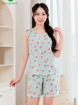 Thumbnail Đồ bộ lanh tole mặc nhà nữ quần đùi áo sát nách họa tiết thời trang Việt Thắng - B02.5001 1