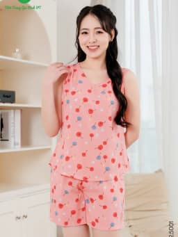 Thumbnail Đồ bộ lanh tole mặc nhà nữ quần đùi áo sát nách họa tiết thời trang Việt Thắng - B02.5001 3