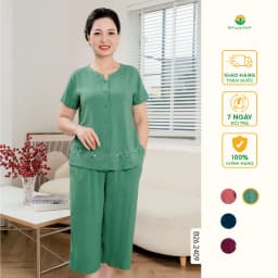 Thumbnail Đồ bộ lanh tole trung niên mặc nhà quần lửng, áo cộc tay thêu gấu thời trang Việt Thắng - B26.2409 1