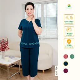 Thumbnail Đồ bộ lanh tole trung niên mặc nhà quần lửng, áo cộc tay thêu gấu thời trang Việt Thắng - B26.2409 4
