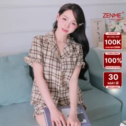 Thumbnail Đồ Bộ Nữ Pijama Mặc Nhà ZENME Chất Liệu Thô Cotton Họa Tiết Caro Dễ Thương PTB0425 2
