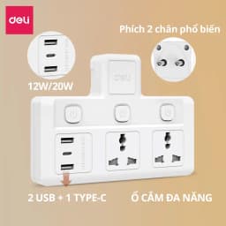 Thumbnail Ổ Cắm Chia Điện Deli, Ổ Cắm Điện Chữ T Công Suất 2500W Tích Hợp Cổng USB &TypeC Sạc Nhanh 20W 1
