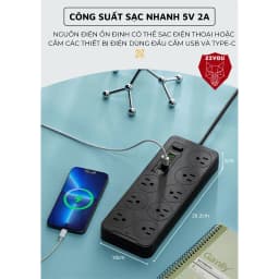 Thumbnail Ổ Cắm Điện Đa Năng Cao Cấp A8 Sạc Nhanh Cổng USB TypeC Chịu Tải 2500w An Toàn Chịu Nhiệt Dây 2,8M 3