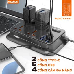 Thumbnail Ổ cắm điện đa năng MOXOM tải 2500W, 4 lỗ đa năng, 6 USB sạc nhanh 3.4A, 2 PD 17W, nút kích hoạt an toàn điện, dây dài 2M 3