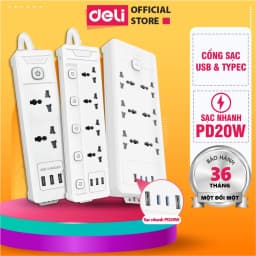 Thumbnail Ổ Cắm Điện DELI Tích Hợp Cổng Sạc USB TypeC Sạc Nhanh 20W CSuất 2500W Bảo Vệ Quá Áp Chống Cháy Nổ 1