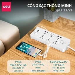 Thumbnail Ổ Cắm Điện DELI Tích Hợp Cổng Sạc USB TypeC Sạc Nhanh 20W CSuất 2500W Bảo Vệ Quá Áp Chống Cháy Nổ 2