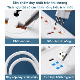 Thumbnail Ổ cắm điện thông minh HOKU  đa năng cổng USB Type C 5v sạc nhanh, tiết kiệm điện chịu tải 2500W H dây nối 2,5m 1