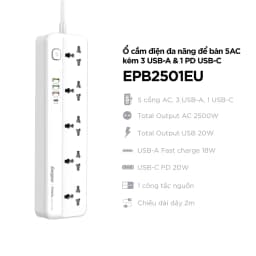 Thumbnail Ổ điện đa năng 5AC kèm 3USB-A và 1USB-C sạc nhanh PD (max 20W) - Hàng chính hãng, bảo hành 1 năm 1