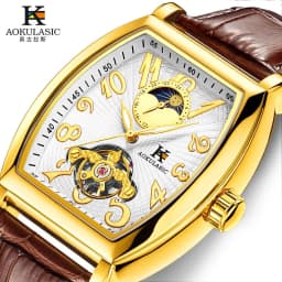 Thumbnail Đồng hồ cơ tự động nam AOKULASIC Automatic dây da cao cấp - Kim dạ quang - Thiết kế mặt chữ nhật lộ máy cá tính AOK5002G 2